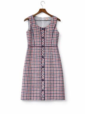 Brooks Brothers Pink Navy Tweed Knee Length Dress Button Detail Size 14
